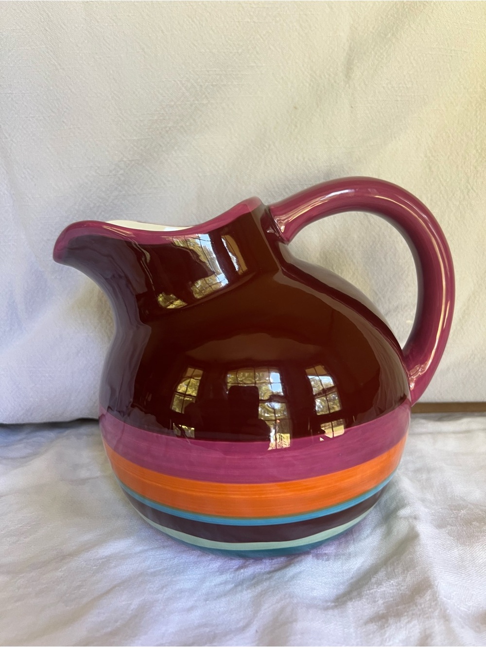 Starbucks Ceramic Pitcher in Burgundy with Pink, Orange, Teal Stripes